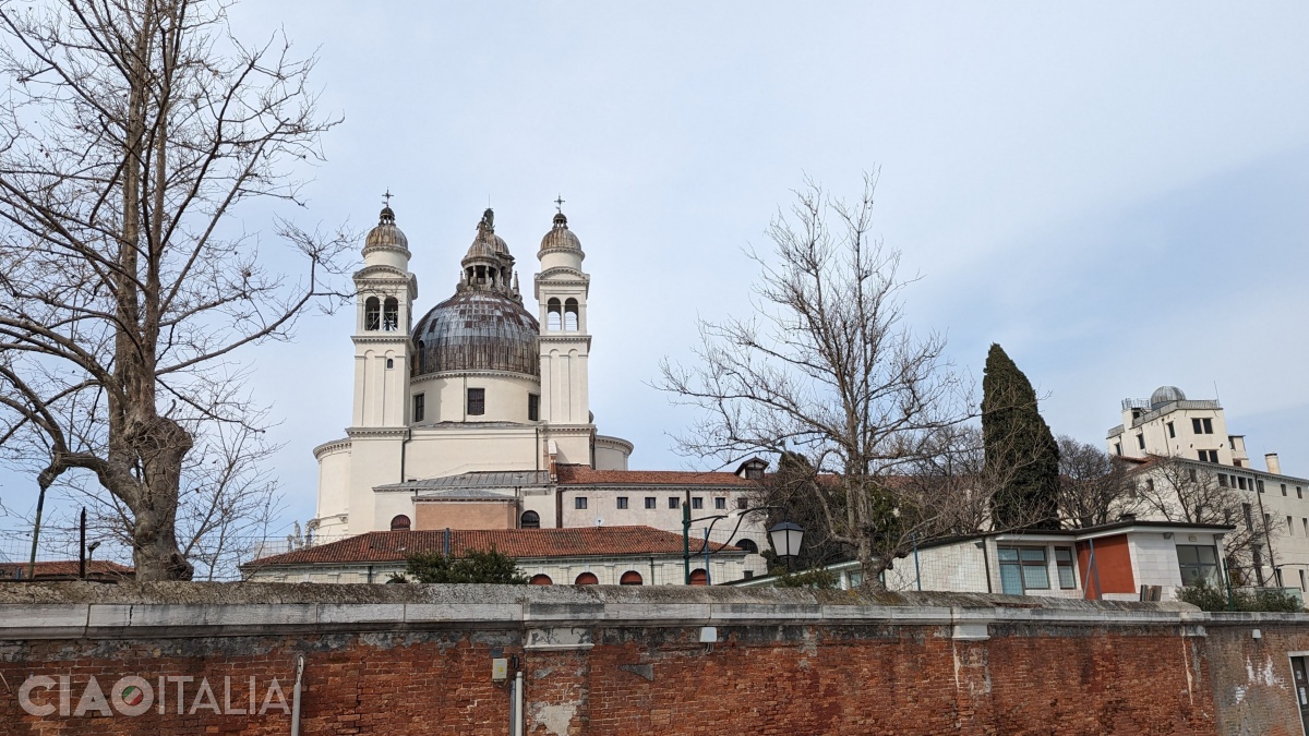 The small dome and the bell towers seen from the Giudecca Canal