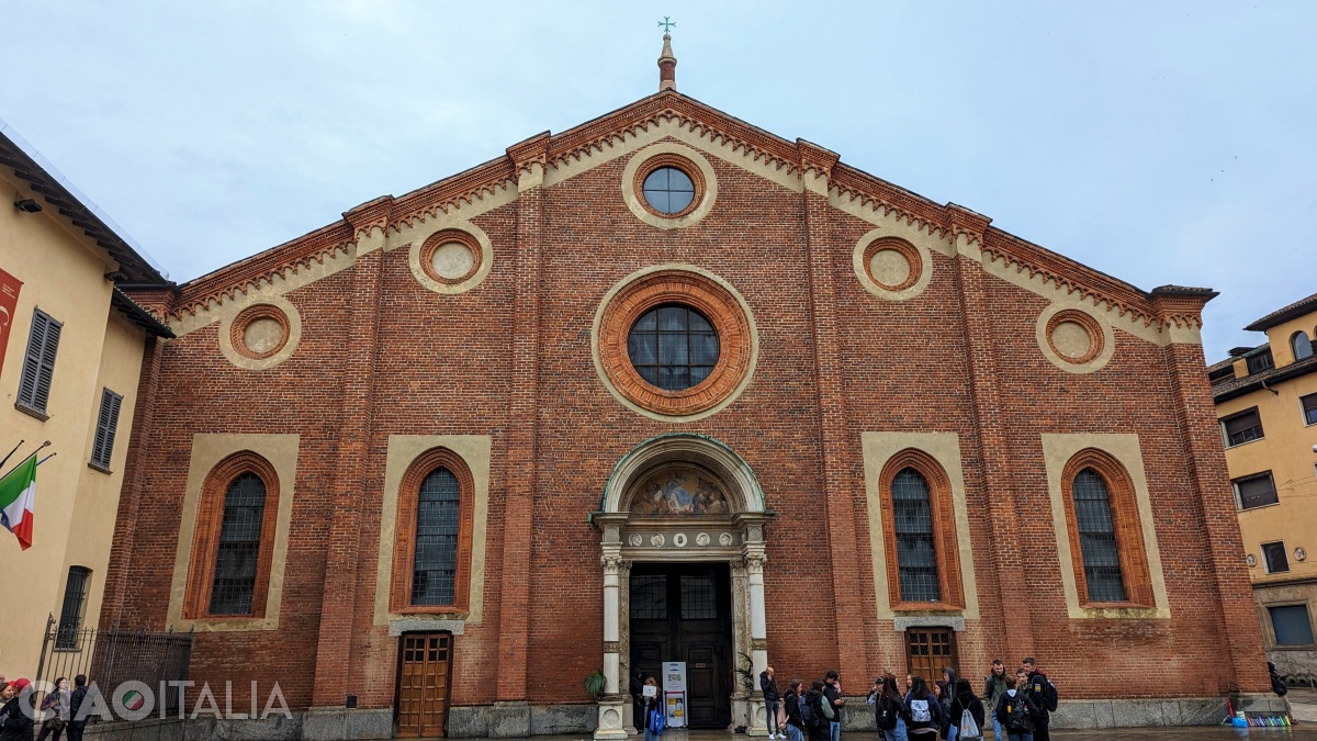 The brick façade of the church is simple, unadorned.