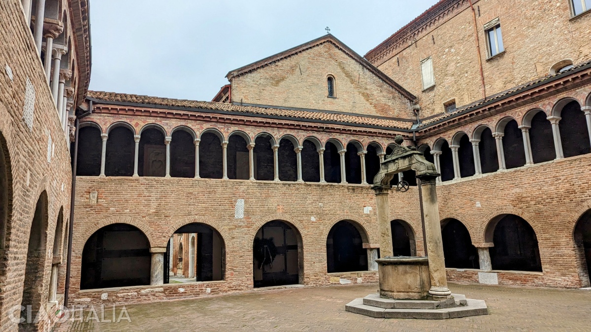 The medieval cloister, with Romanesque-style columns