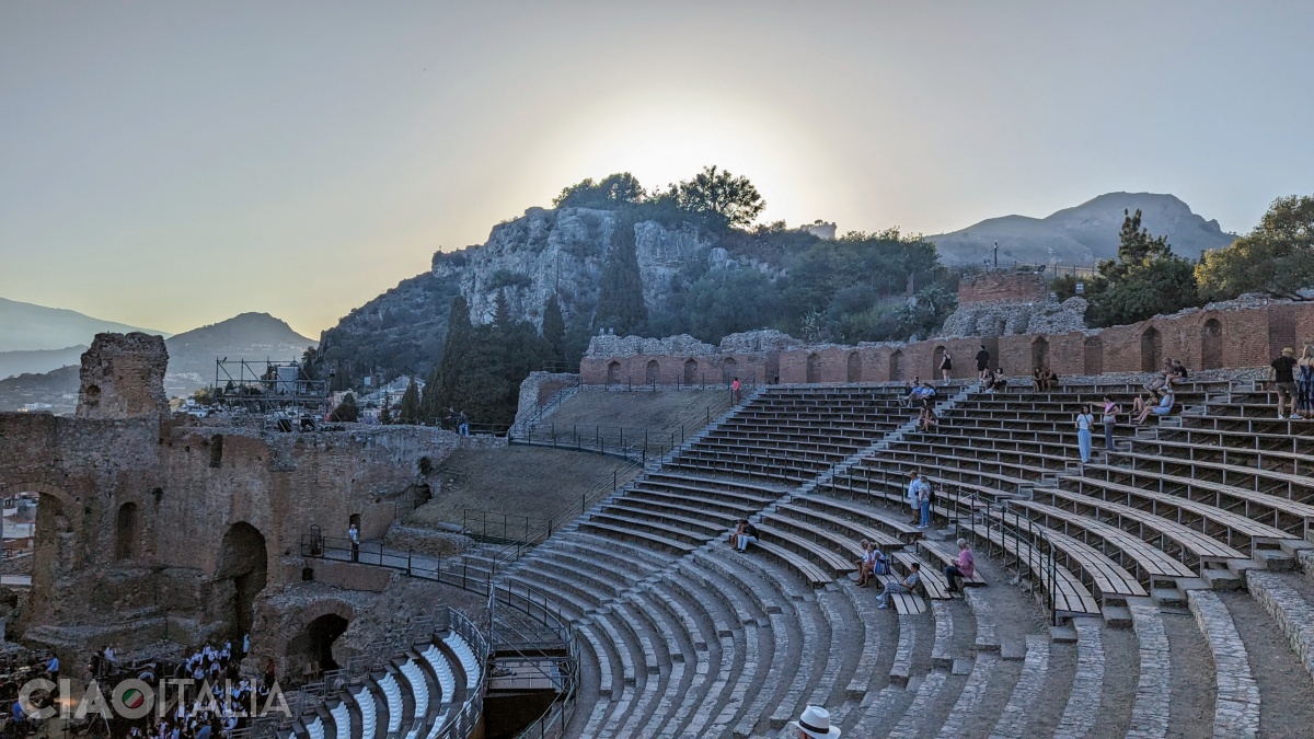 The cavea is divided into nine sections separated by stairways that widen toward the upper part.