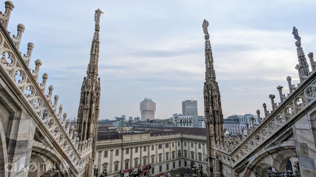 The view from the roof of the Duomo towards the Royal Palace and Torre Velasca