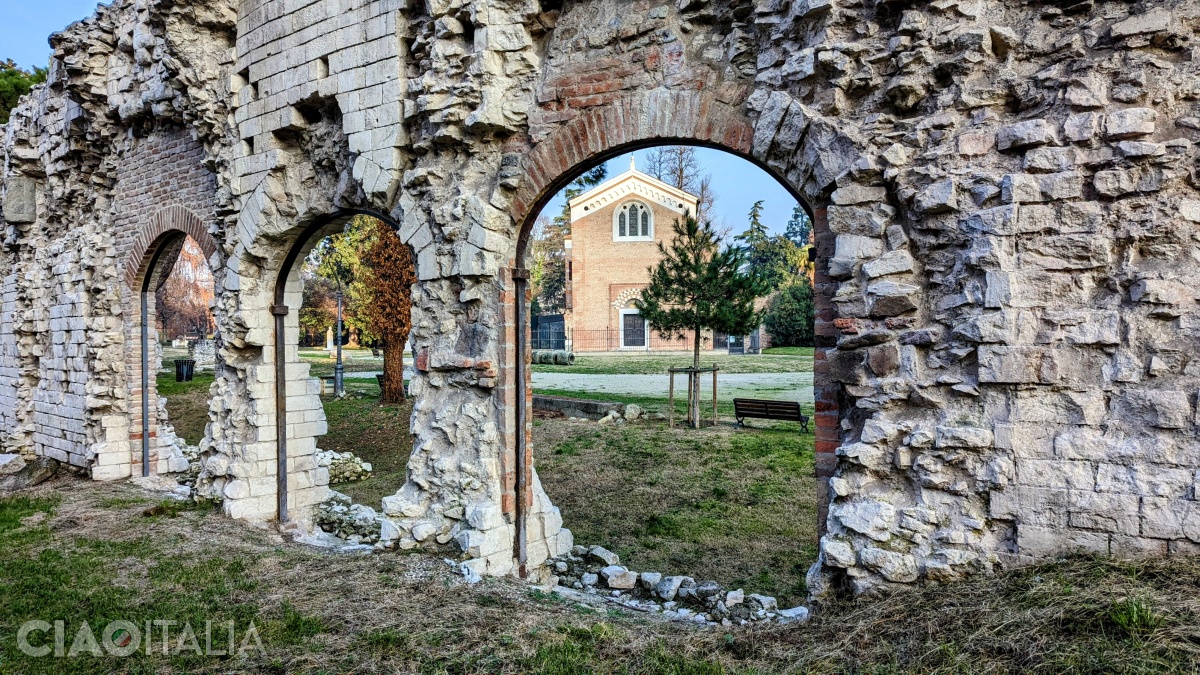 The Scrovegni Chapel, seen among the ruins of the former Roman amphitheater in Padua
