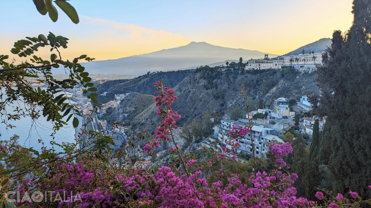The view toward the Bay of Naxos and Mount Etna