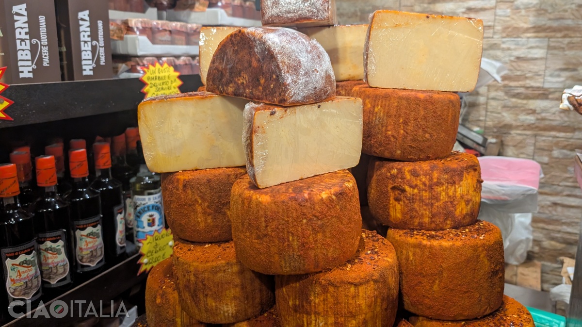 Spicy-crusted cheeses at La Casetta del Piccantino Deli in Tropea
