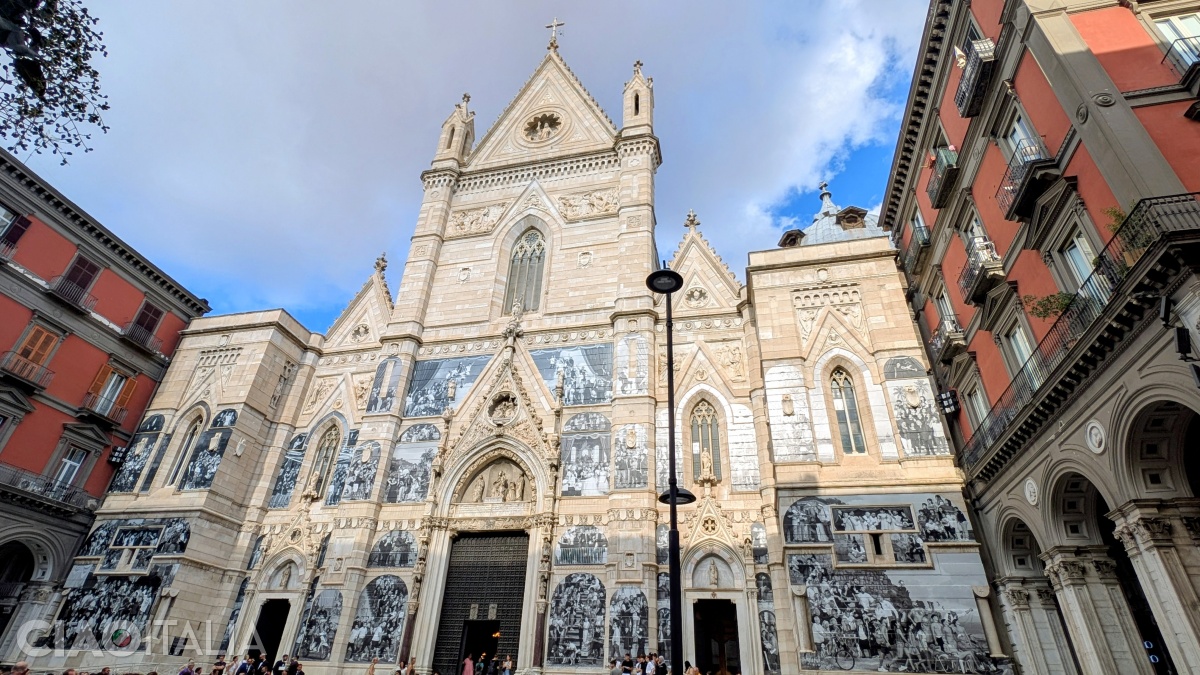 Naples Cathedral covered with a photographic collage