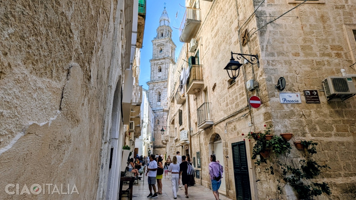 The bell tower of Monopoli Cathedral is visible from several places in the town.