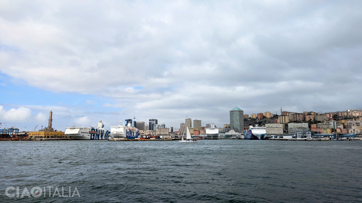 The Genoa Lighthouse (left), as seen from the Old Port
