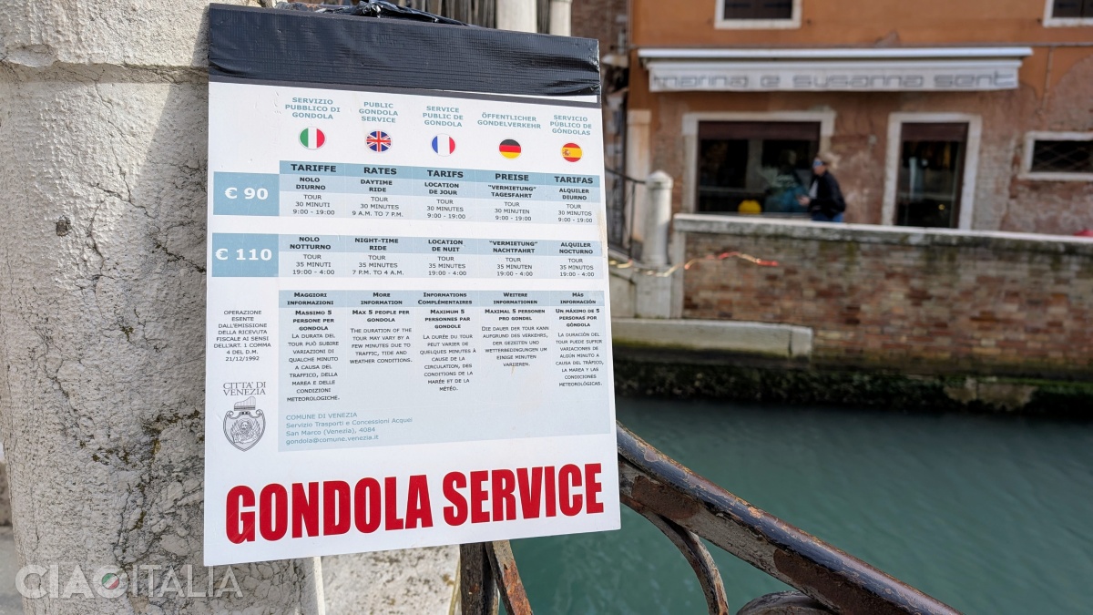 The official price for a gondola ride is &euro;90 during the day and &euro;110 at night.