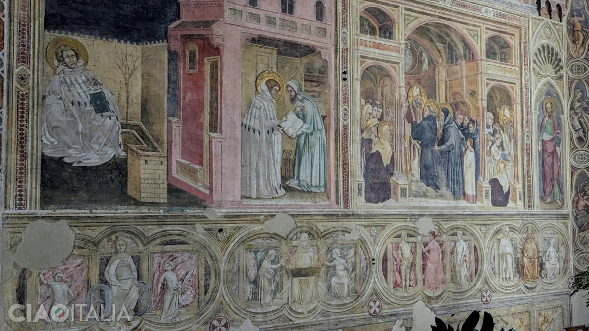 In the Cappella Maggiore, Guariento painted scenes from the lives of Saints Philip and Augustine between 1361 and 1365. At the bottom are depicted the Planets and the Ages of Man.