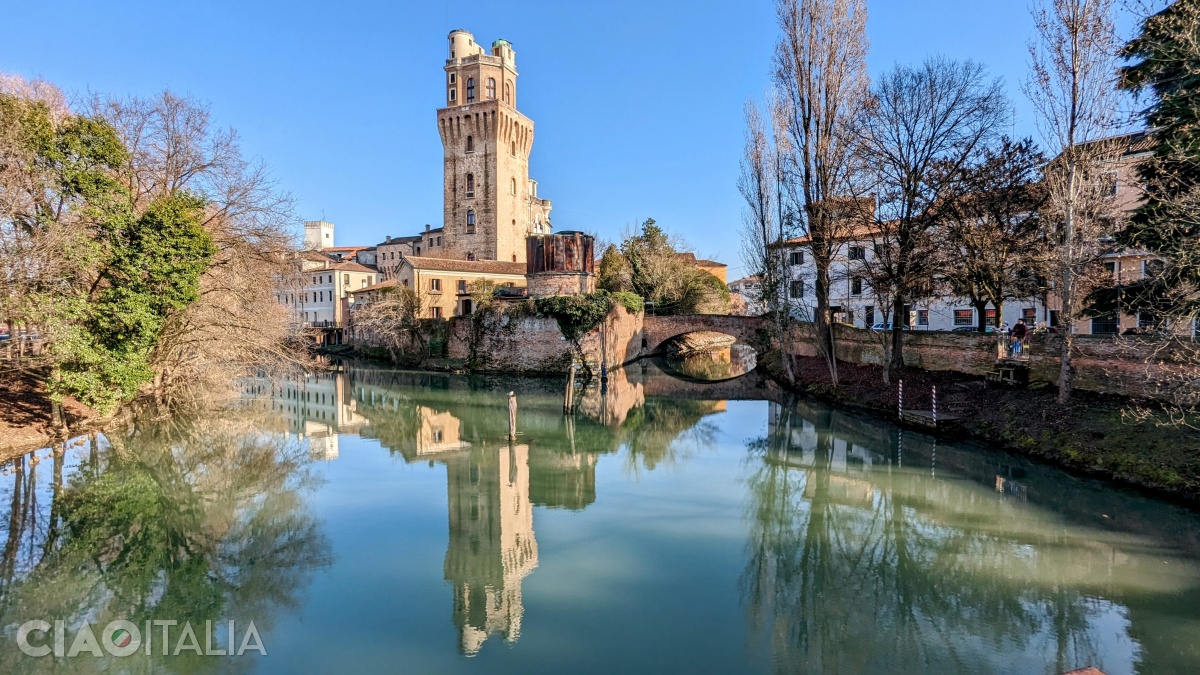 The Specola Tower, reflected in the waters of the Bacchiglione River