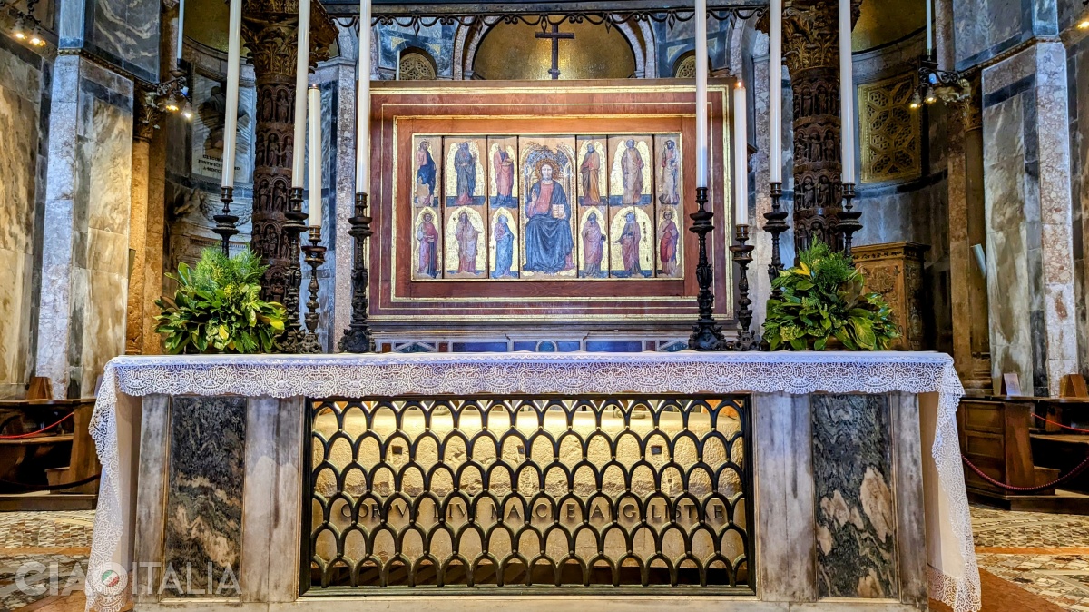 Beneath the canopy lies the sarcophagus of St. Mark.