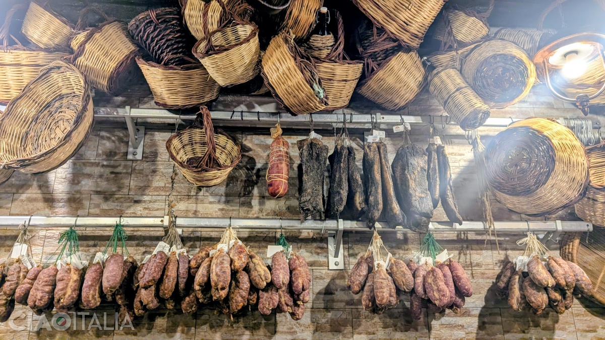 Salami and other cured meats at La Casetta del Piccantino Deli in Tropea