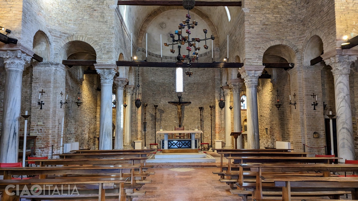 The interior of the Church of Santa Fosca is simple.