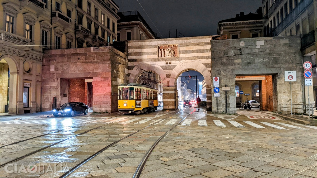 A historic tram passes through Porta Nuova