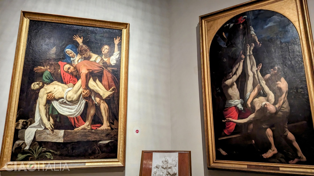 Caravaggio - "The Entombment" (left) and Guido Reni - "The Crucifixion of Saint Peter" (right)