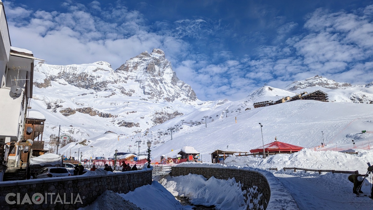 The Matterhorn massif rises above the Cervinia resort.