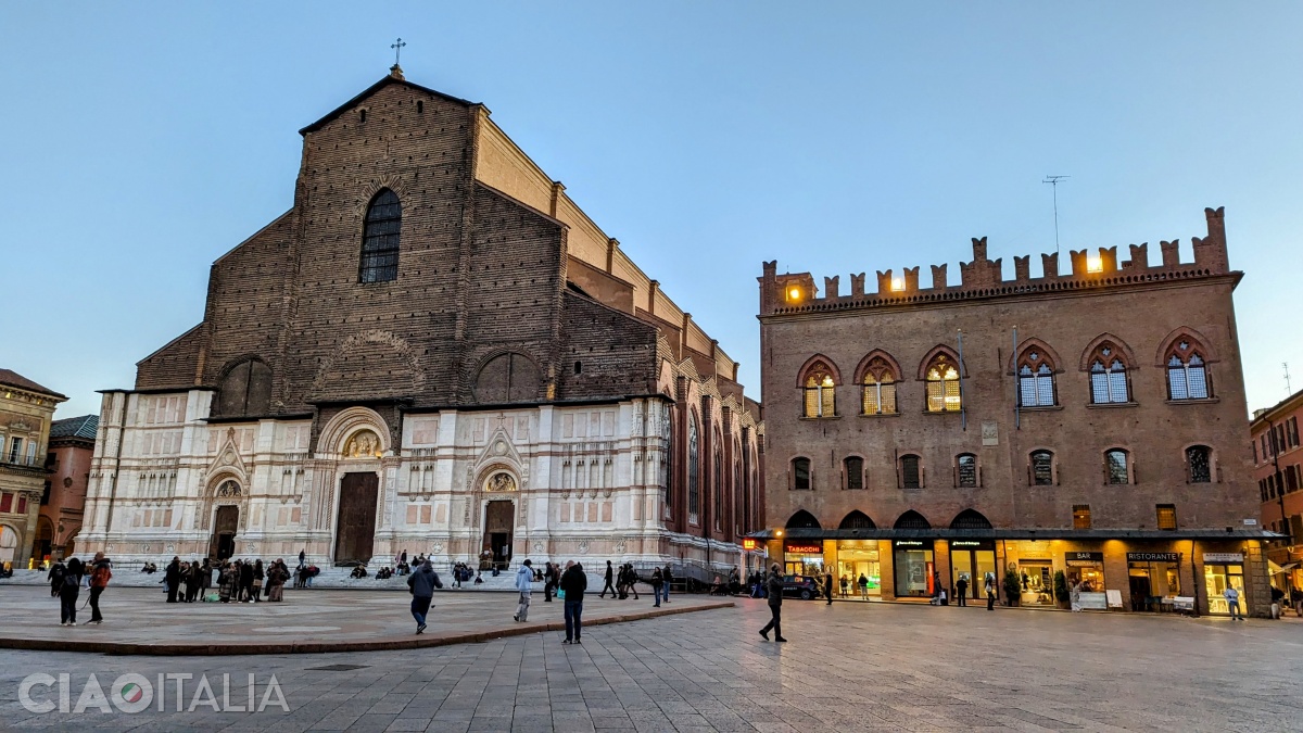 The Basilica of San Petronio dominates Piazza Maggiore in Bologna.