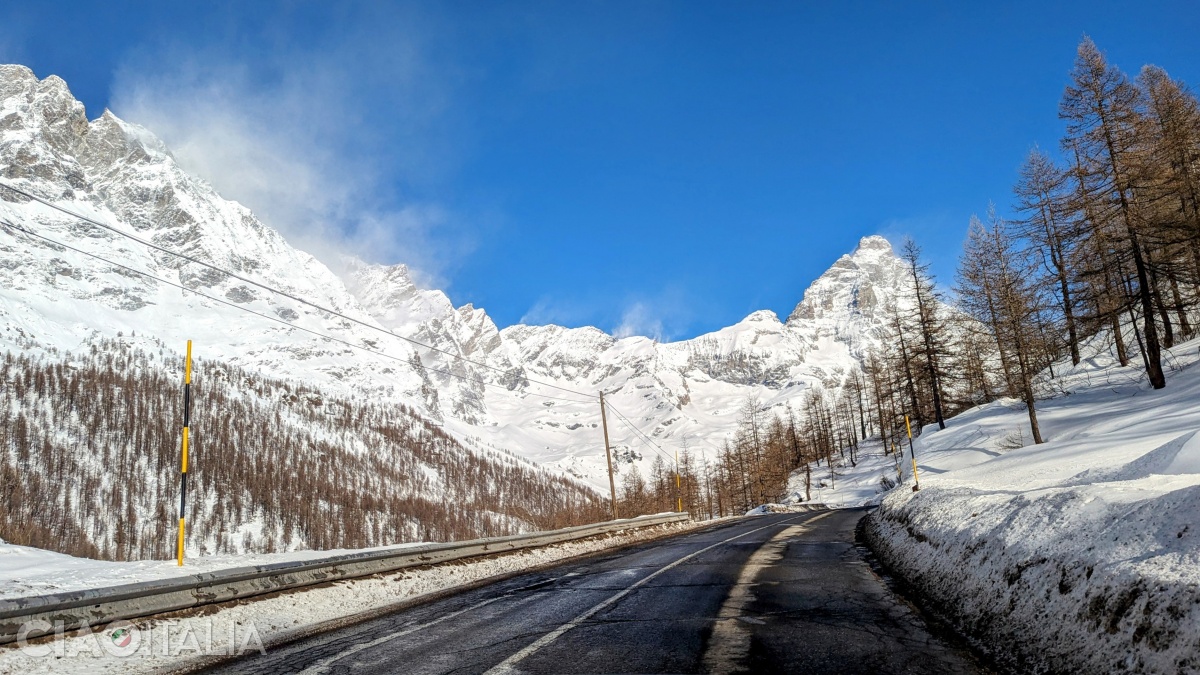 The road climbs toward Breuil-Cervinia.