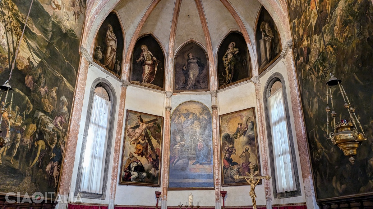 The church altar was painted almost entirely by Tintoretto.