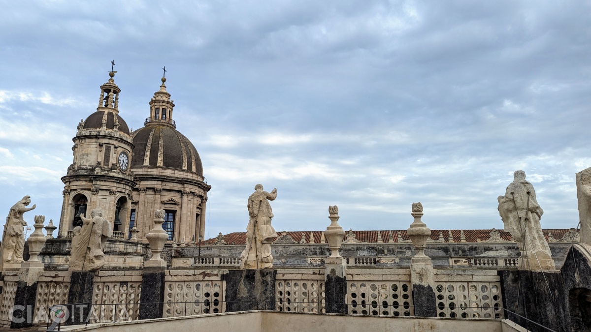 The view from the terraces, decorated with statues of saints