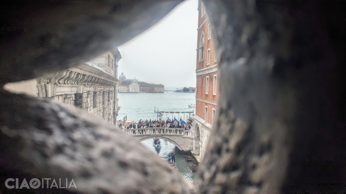 The view from inside the Bridge of Sighs toward the Venetian Lagoon.