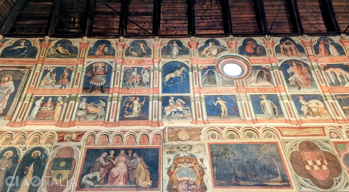 The fresco cycle begins on the right side of the entrance, with the zodiac sign of Aries.