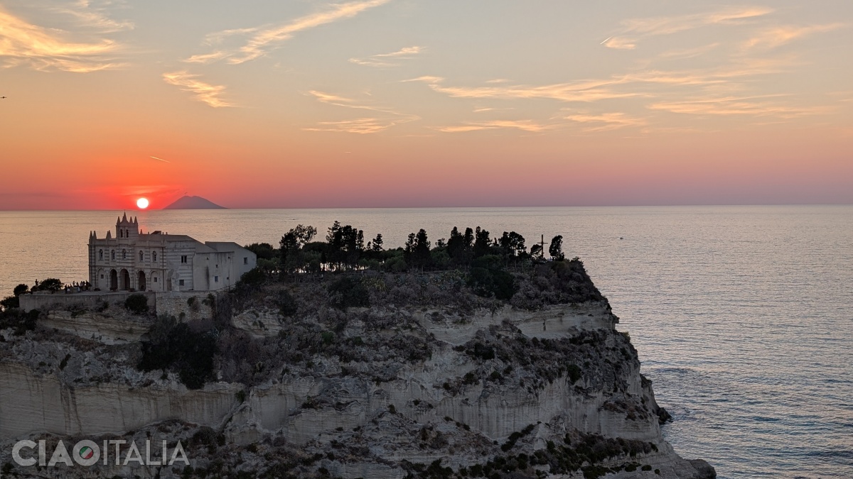 The Santa Maria dell'Isola Sanctuary and the island of Stromboli on the horizon