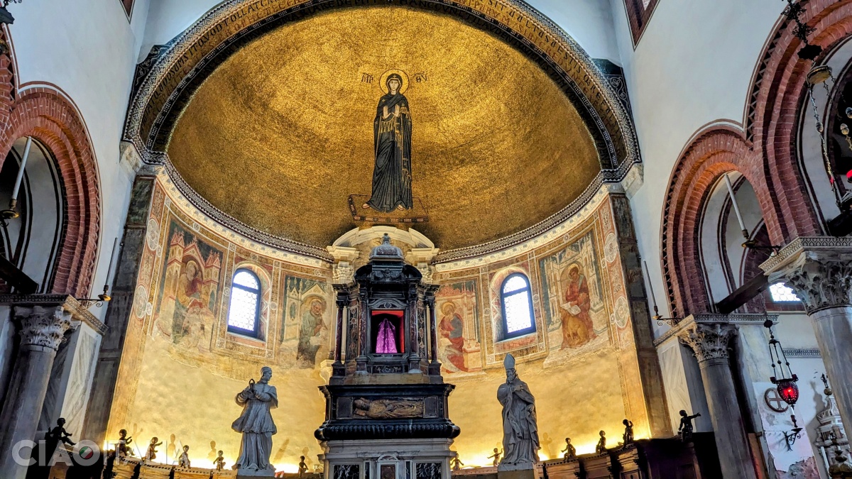 The gilded mosaic of the Virgin dates from the 12th century.