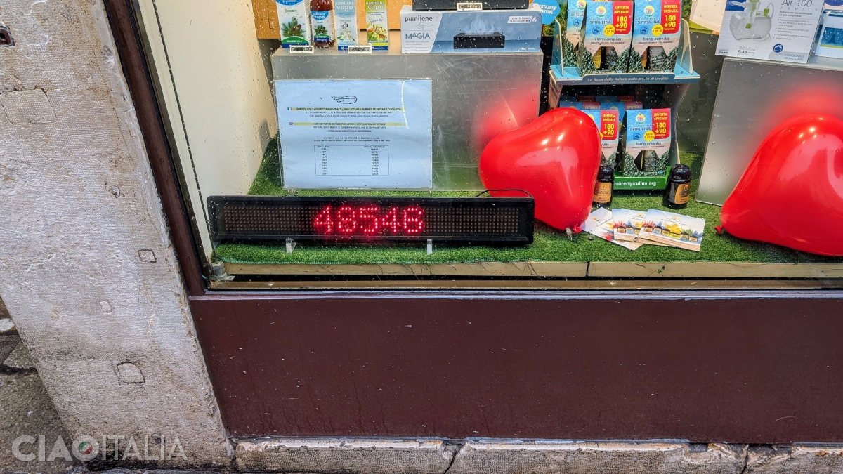 The panel in the pharmacy window displays the current number of inhabitants in Venice in real time.