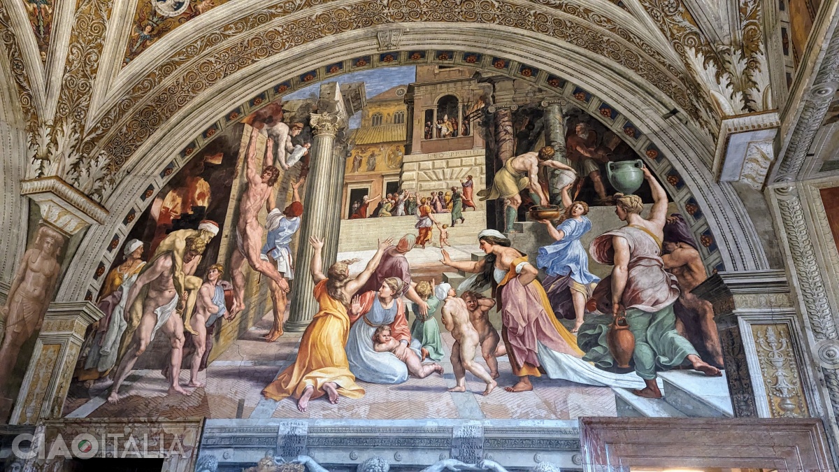 In the fresco "The Fire in the Borgo", Michelangelo’s influence on Raphael is evident.