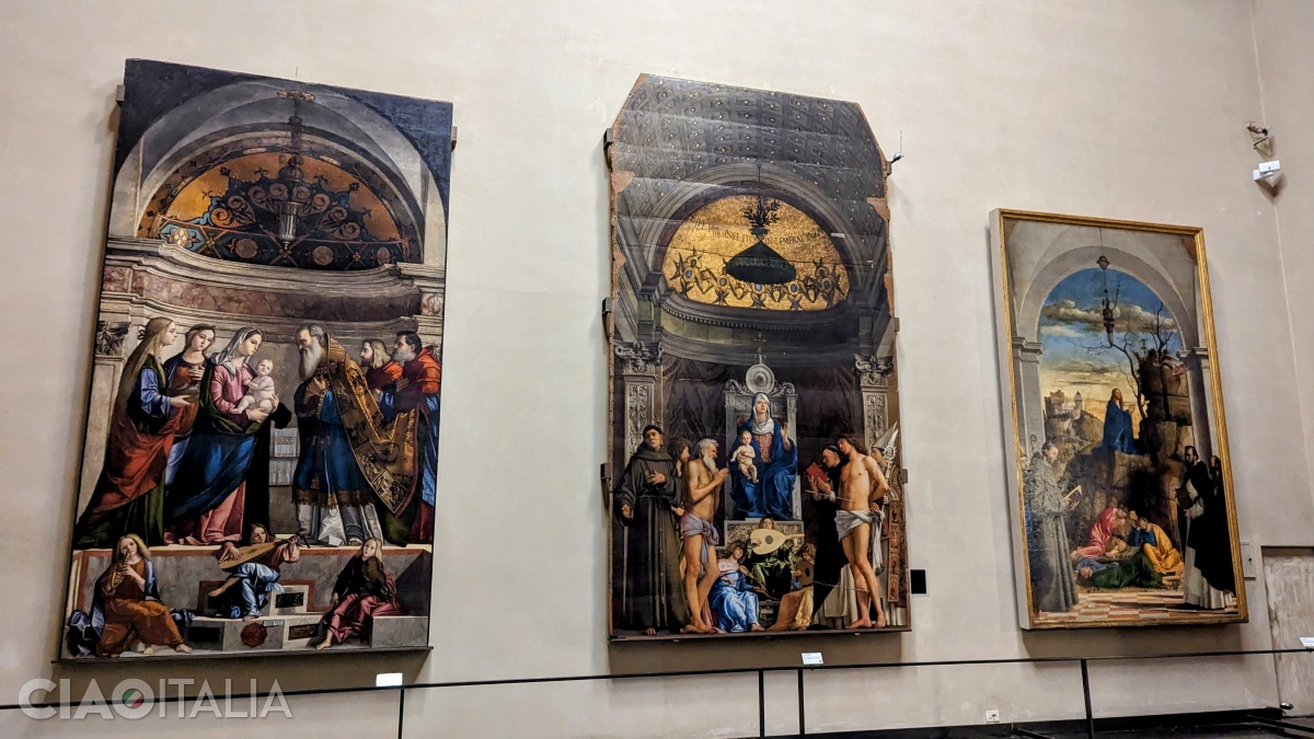 From left to right: "The Presentation of Christ in the Temple" (Vittore Carpaccio), "The Virgin and Child Enthroned" (Giovanni Bellini), and "The Agony in the Garden" (Marco Basaiti)