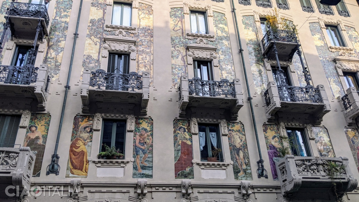 The Galimberti House has a facade entirely decorated in the Liberty style.