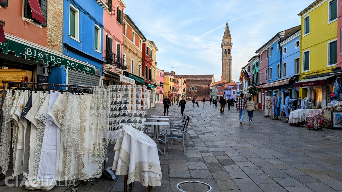 The small shops in Burano are filled with lace and fabrics.