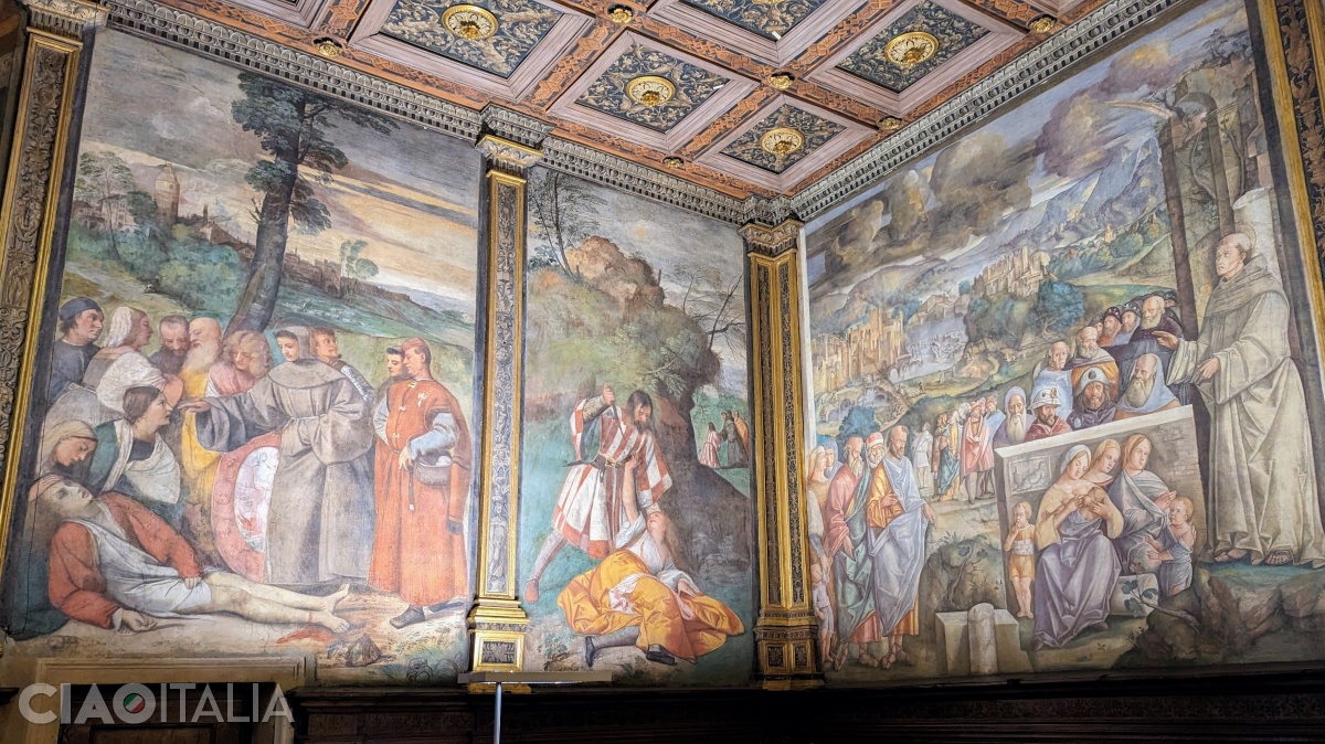 Titian (1511) - "Saint Anthony Restores a Young Man's Foot" (left) and "The Jealous Husband Stabbing His Wife" (center)