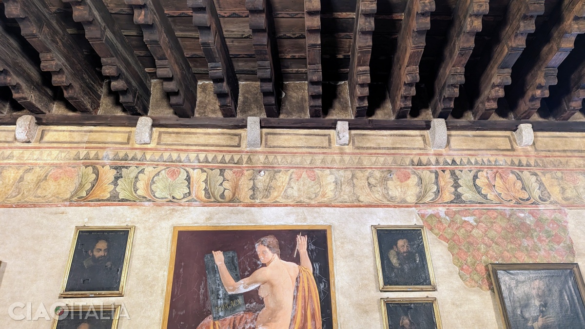 The hall is one of the oldest in Palazzo del Bo. The coffered ceiling and frescoes with vegetal ornaments are still preserved.