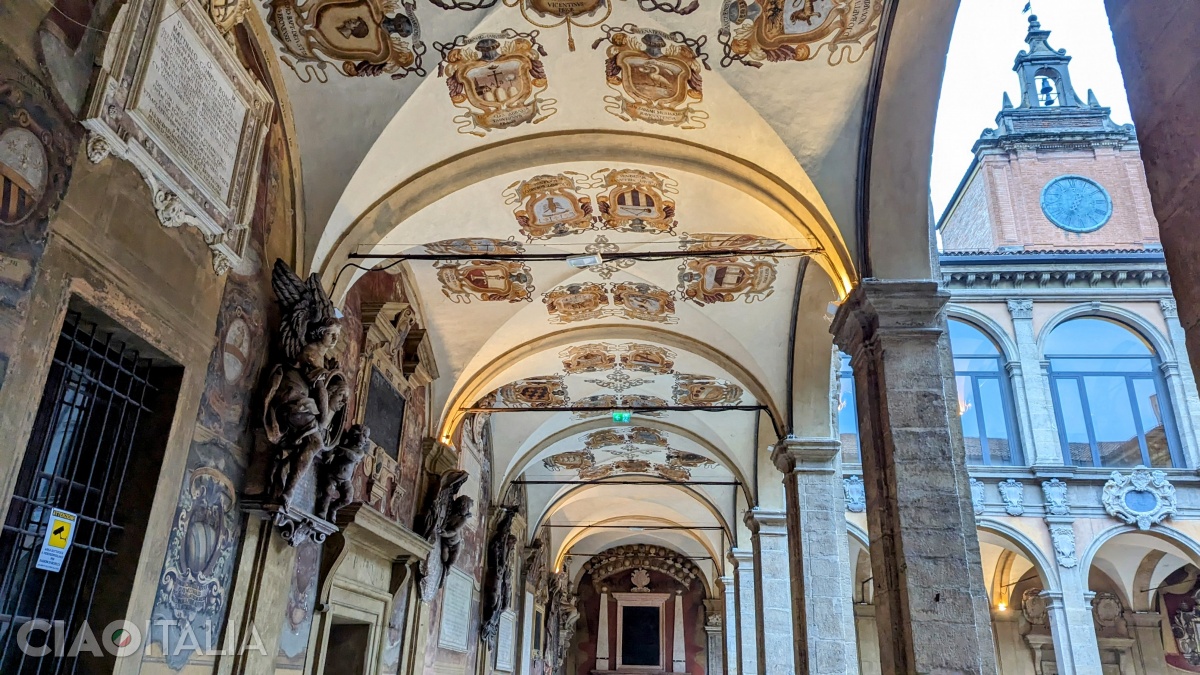 In the inner courtyard of the Palazzo Archiginnasio