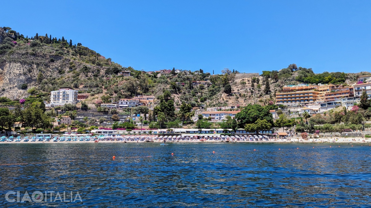 Taormina seen from Isola Bella, from the sea