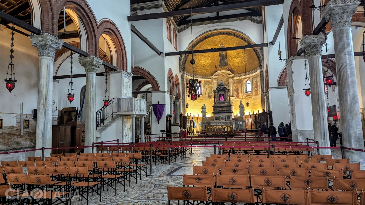 The interior of the church, with a mosaic floor