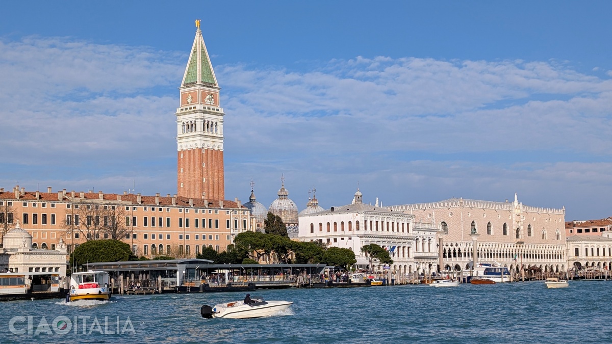 You can see the Royal Palace and Gardens, the Campanile, the domes of St. Mark's Basilica, the Mint, and the Doge's Palace.