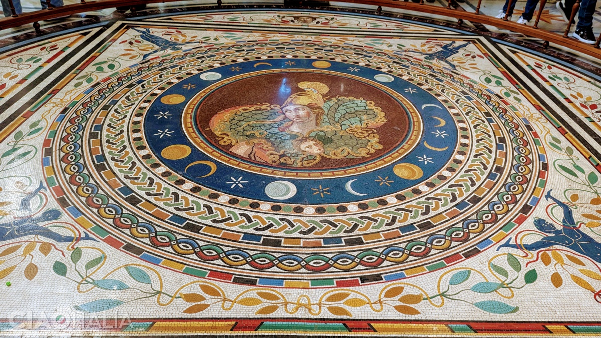 The floor of the Greek Cross Hall features a magnificent mosaic.