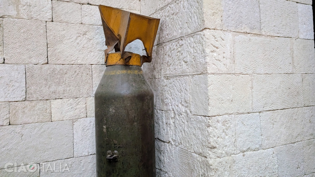Inside the cathedral, two of the bombs that did not explode during the war are on display.