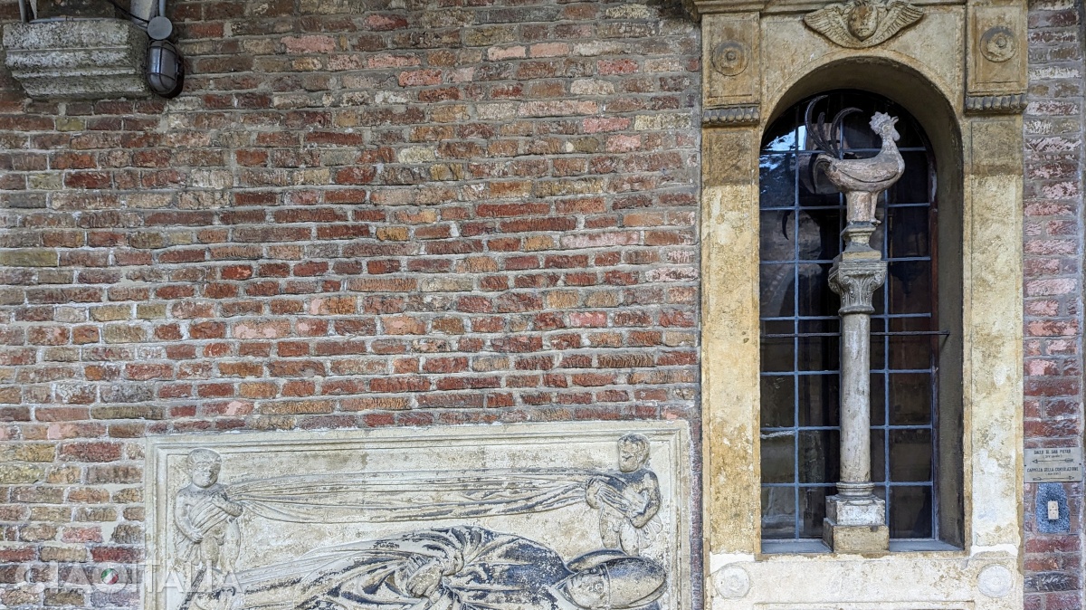 The stone rooster recalls Saint Peter's denial.