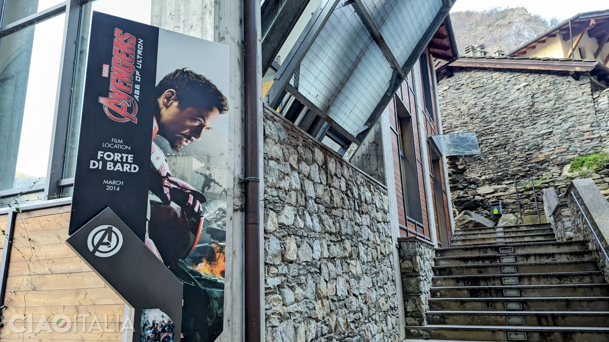 The Avengers image next to the ticket office of Forte di Bard