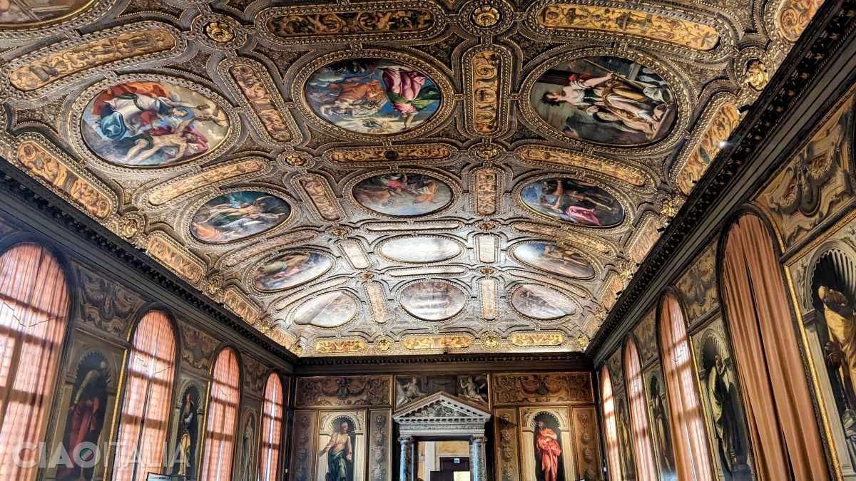 The ceiling of the library hall is decorated with medallions painted by famous artists.