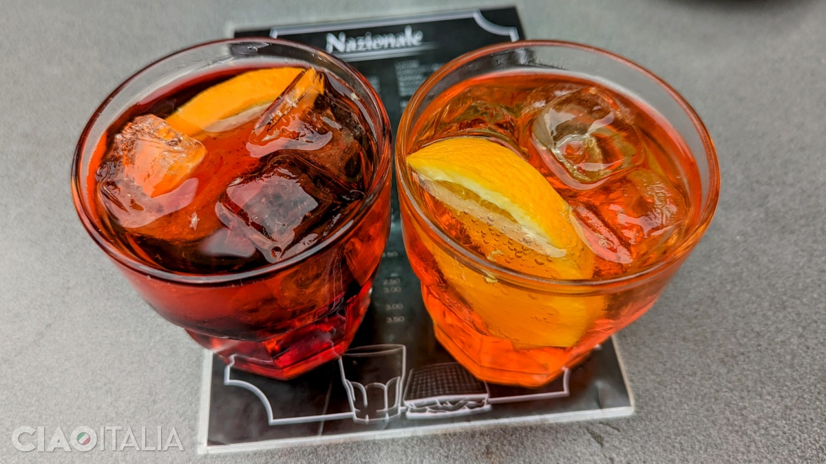 Campari and Aperol Spritz at Bar Nazionale, in Piazza delle Erbe