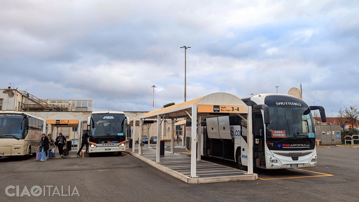 Shuttle buses depart from the front of the Ciampino airport terminal. 