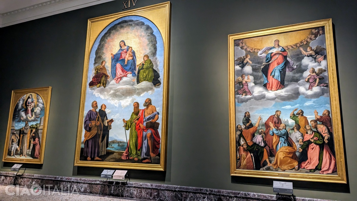 Moretto - "Madonna in Glory" (left, 1543), Savoldo - "Madonna in Glory" (center, 1524-1525), and Moroni - "The Assumption of the Virgin" (right, 1570)