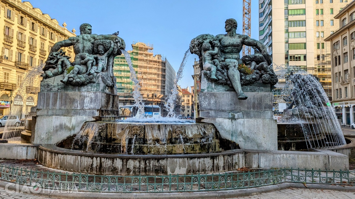 The Angelica Fountain in Piazza Solferino: the masculine personifications of autumn and winter.