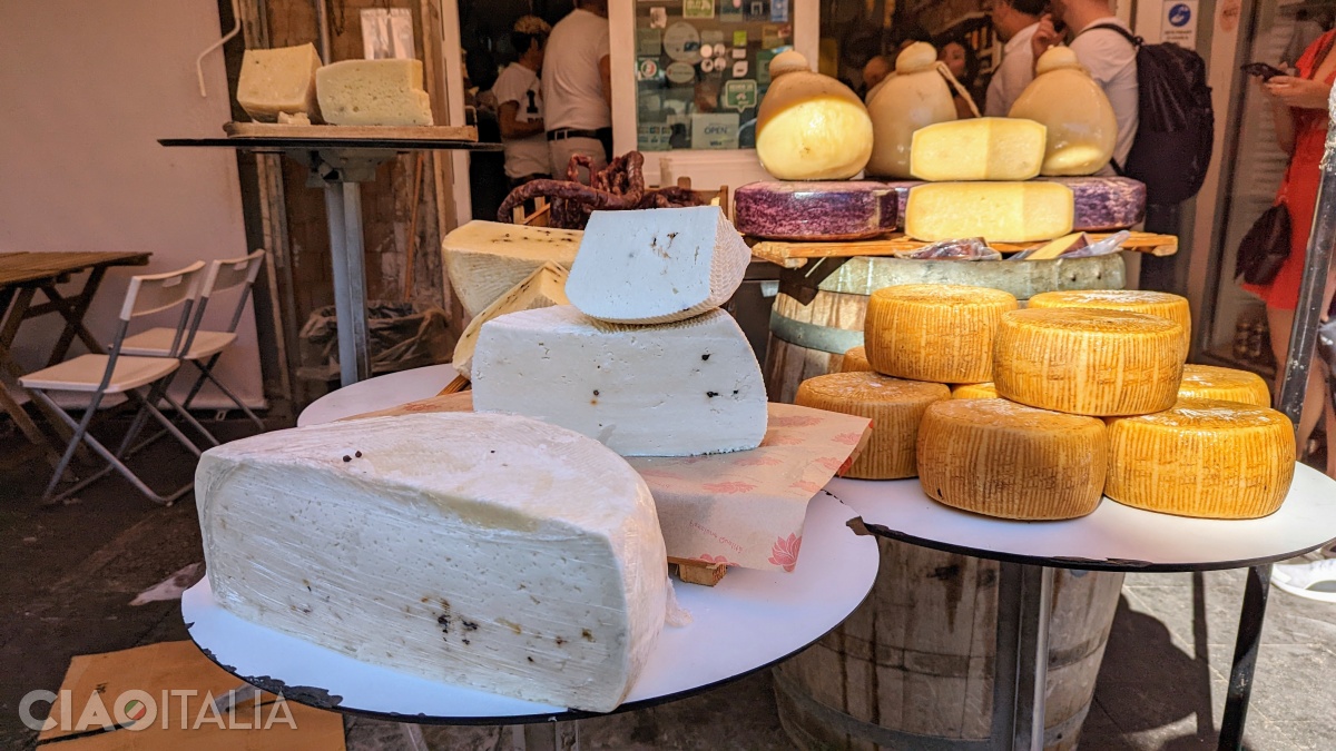 At the stalls you can find all kinds of local cheeses.