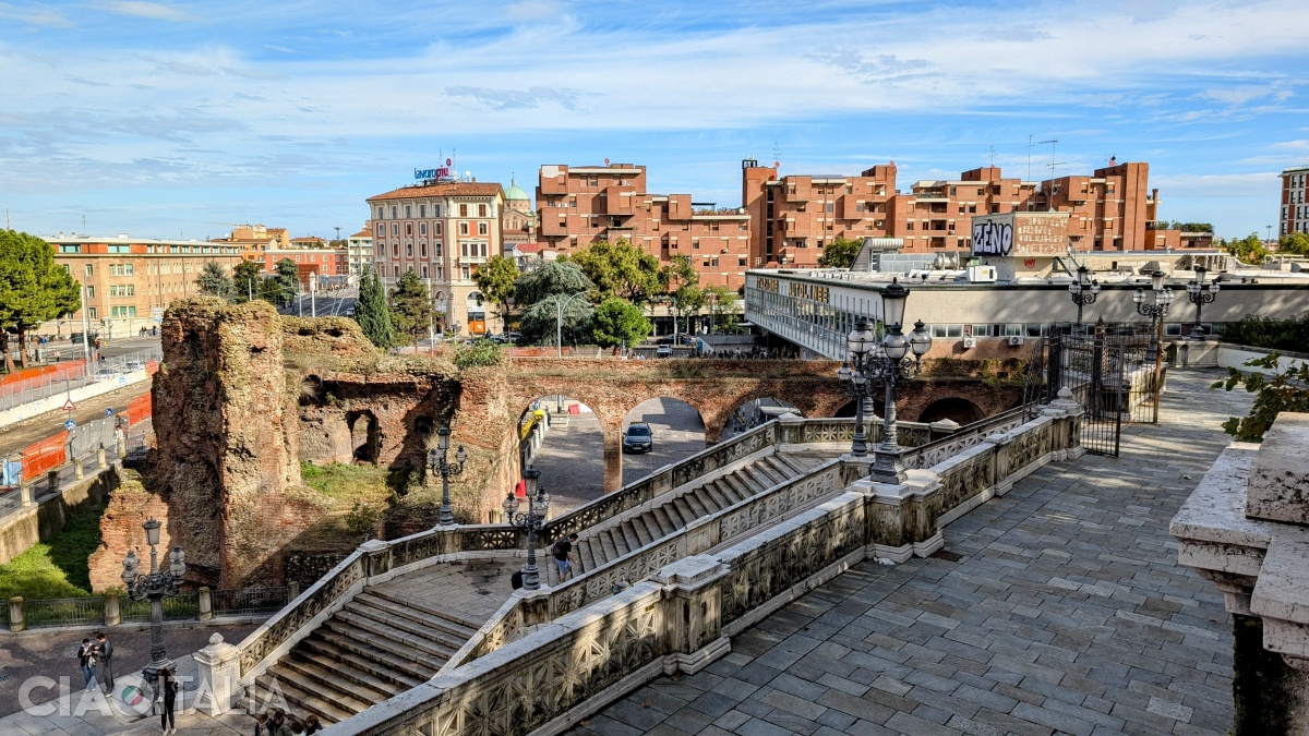 The ruins of Galliera Castle, the bus station, and the Scalinata del Pincio - the monumental entrance to Montagnola Park.